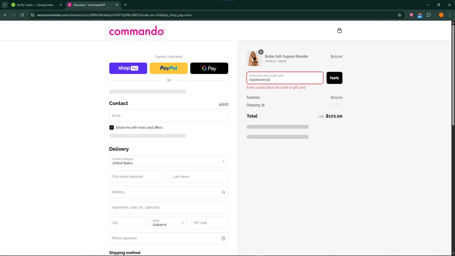 Commando promo code screenshot showing code topdrawer20 applied at Commando checkout page. Uploaded by SimplyCodes community member ShrewdCaptain9911 on Aug 7, 2025