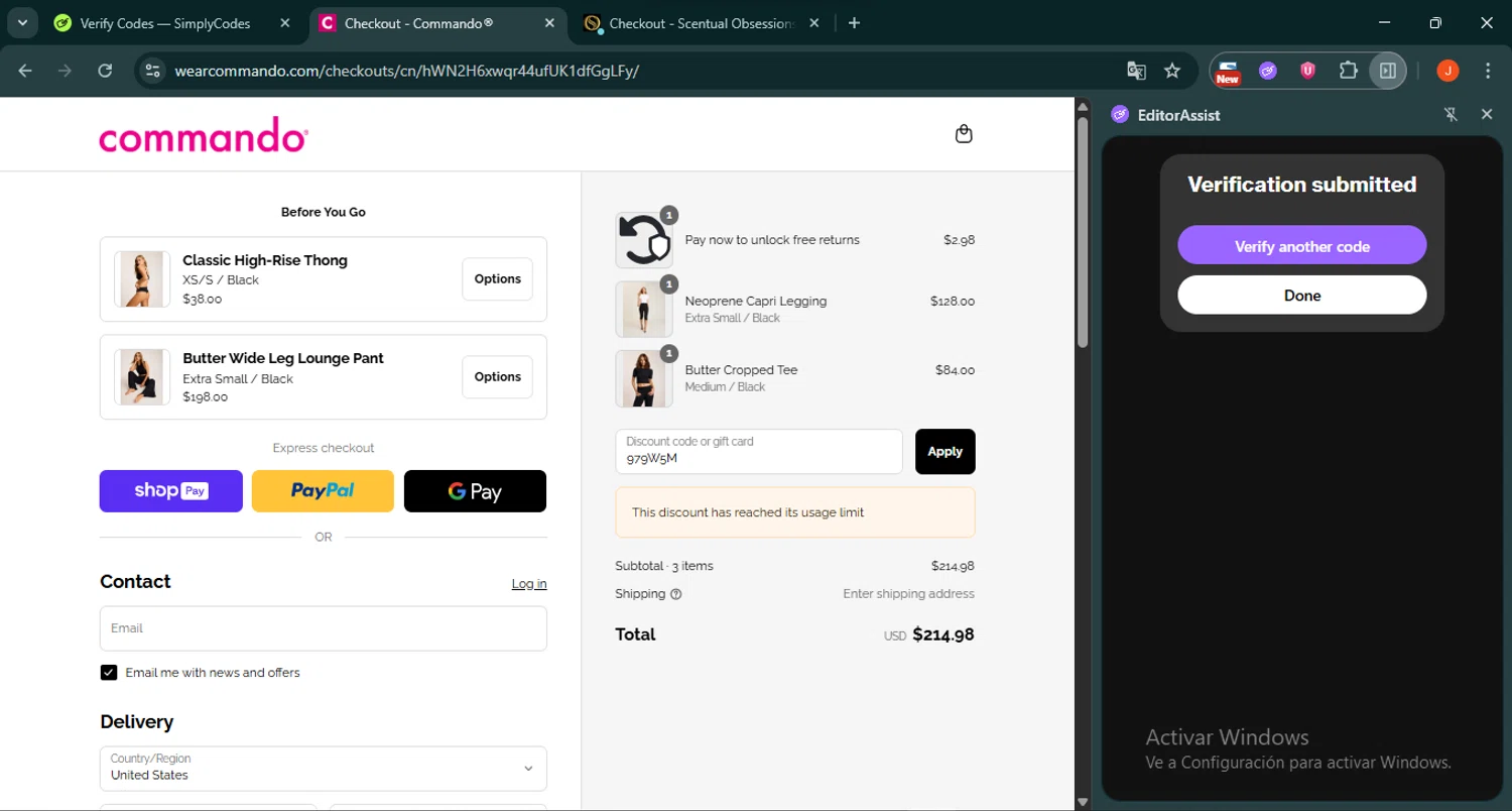 Commando promo code screenshot showing code 979W5M applied at Commando checkout page. Uploaded by SimplyCodes community member SilverRanger658 on Aug 27, 2025