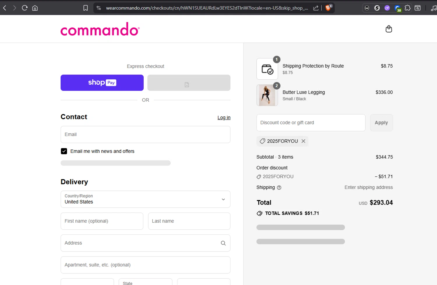 Commando promo code screenshot showing code 2025FORYOU applied at Commando checkout page. Uploaded by SimplyCodes community member Jmhernand1 on Aug 18, 2025