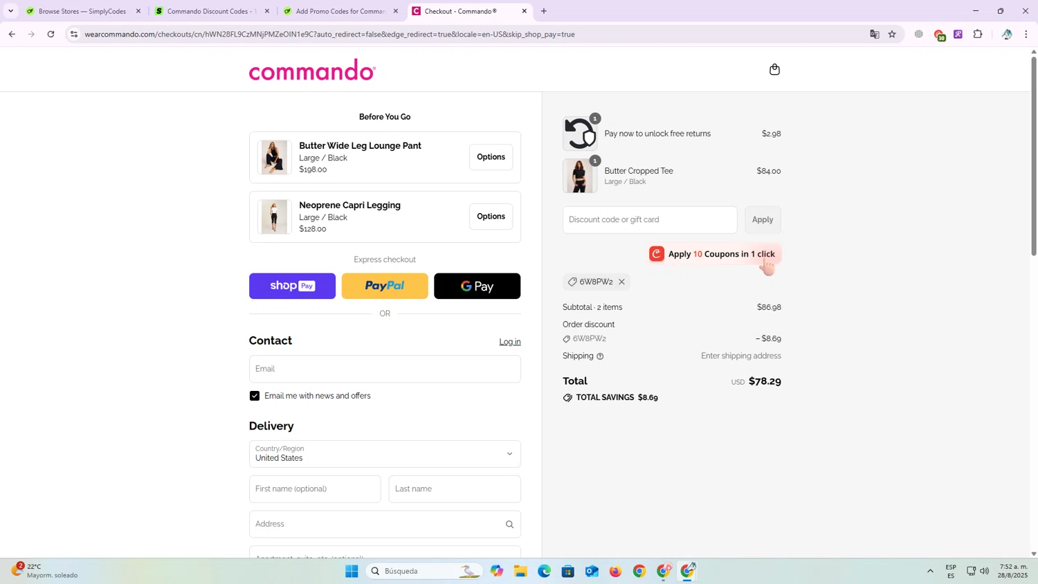 Commando promo code screenshot showing code 6W8PW2 applied at Commando checkout page. Uploaded by SimplyCodes community member OriCarol on Aug 28, 2025