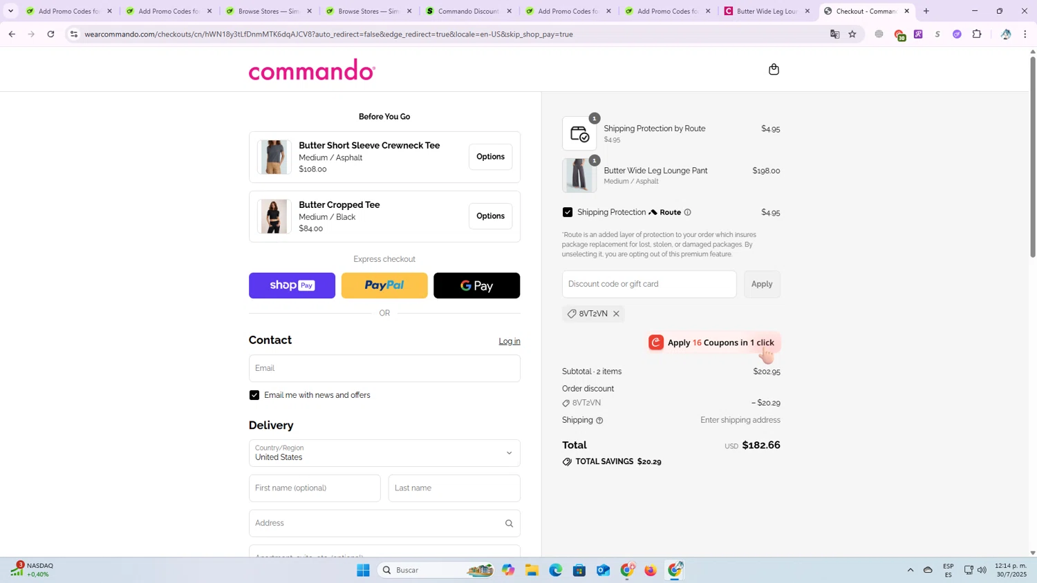 Commando promo code screenshot showing code 8VT2VN applied at Commando checkout page. Uploaded by SimplyCodes community member OriCarol on Jul 30, 2025