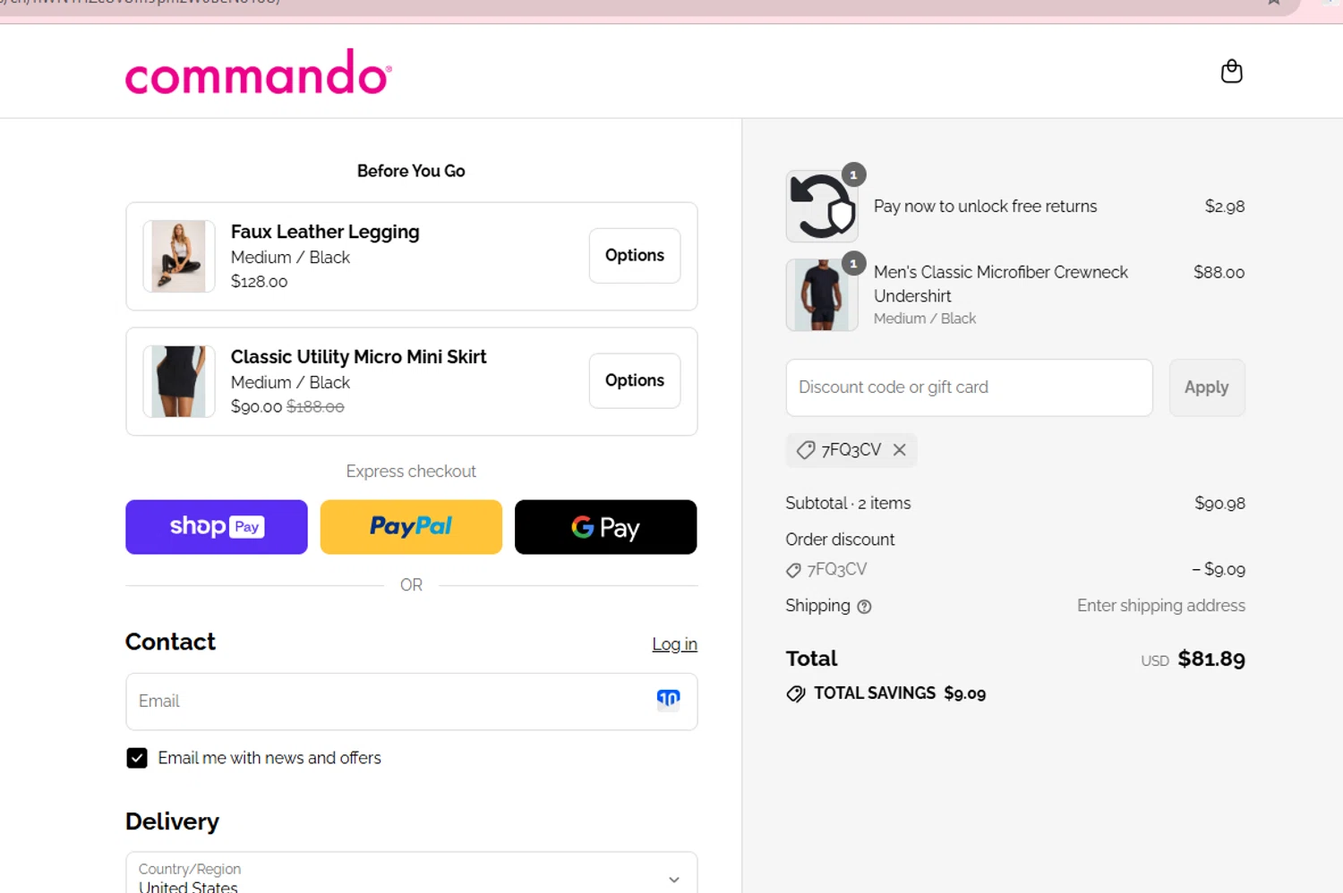 Commando promo code screenshot showing code 7FQ3CV applied at Commando checkout page. Uploaded by SimplyCodes community member Westcoll on Aug 28, 2025