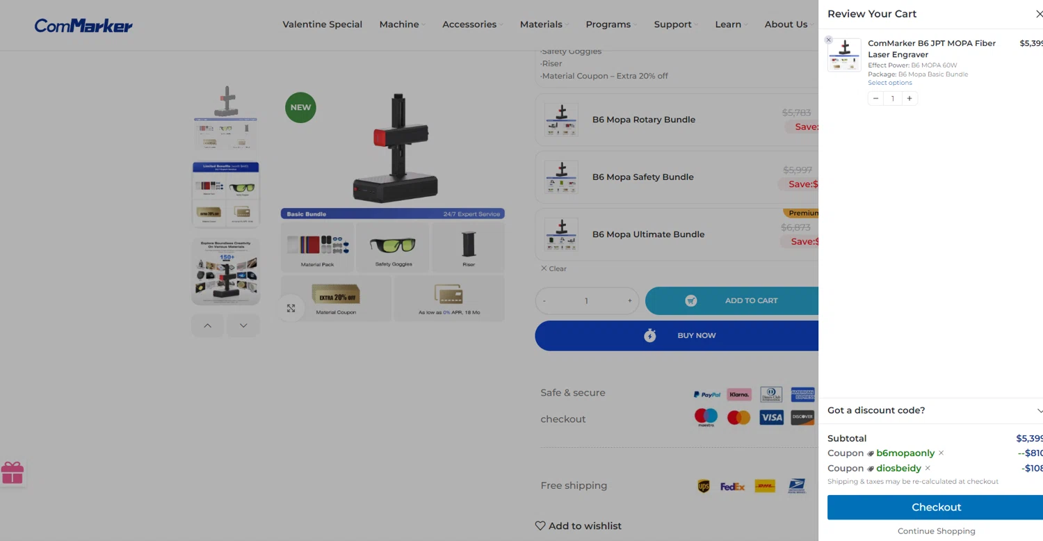 ComMarker coupon code screenshot showing code diosbeidy applied at ComMarker checkout page. Uploaded by SimplyCodes community member DealScout769 on Feb 10, 2025