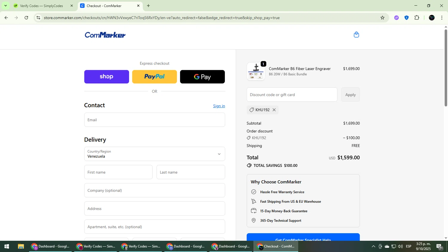 ComMarker coupon code screenshot showing code Khu192 applied at ComMarker checkout page. Uploaded by SimplyCodes community member CarmenVGR on Oct 9, 2025
