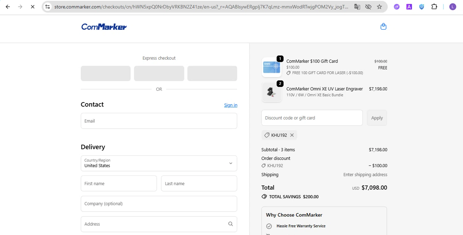 ComMarker coupon code screenshot showing code Khu192 applied at ComMarker checkout page. Uploaded by SimplyCodes community member NobleKnight286 on Dec 2, 2025