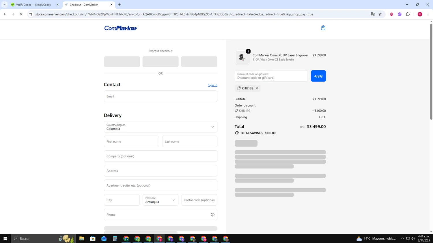 ComMarker coupon code screenshot showing code Khu192 applied at ComMarker checkout page. Uploaded by SimplyCodes community member TOROREX250 on Nov 3, 2025