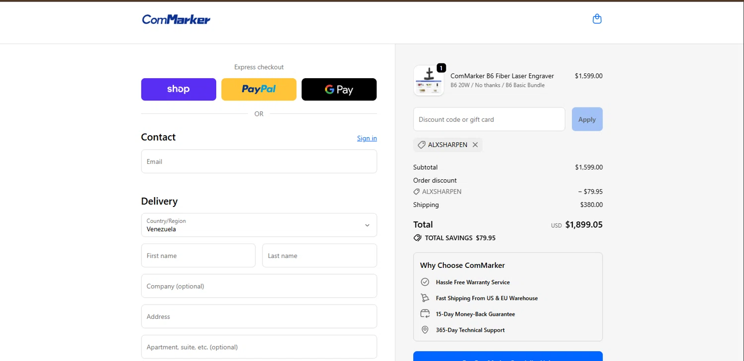 ComMarker coupon code screenshot showing code ALXSHARPEN applied at ComMarker checkout page. Uploaded by SimplyCodes community member BrillianteMaestro892 on Nov 13, 2025