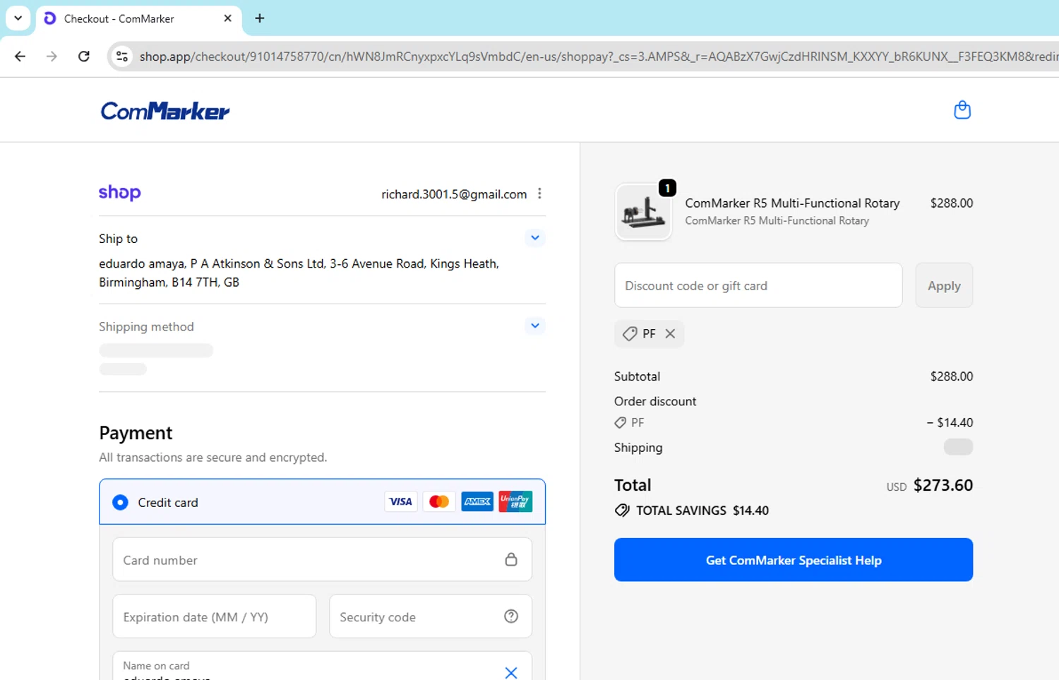 ComMarker checkout page showing ComMarker coupon code box | Screenshot taken by SimplyCodes community member on Feb 2, 2026