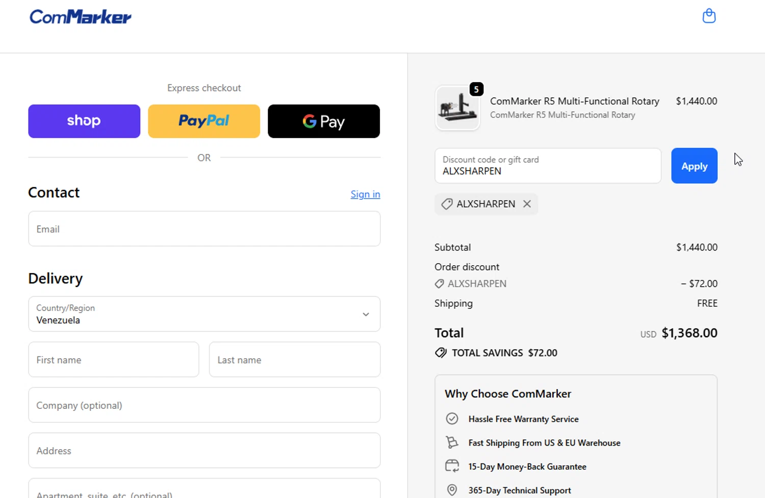 ComMarker coupon code screenshot showing code ALXSHARPEN applied at ComMarker checkout page. Uploaded by SimplyCodes community member Lestara_23 on Oct 15, 2025