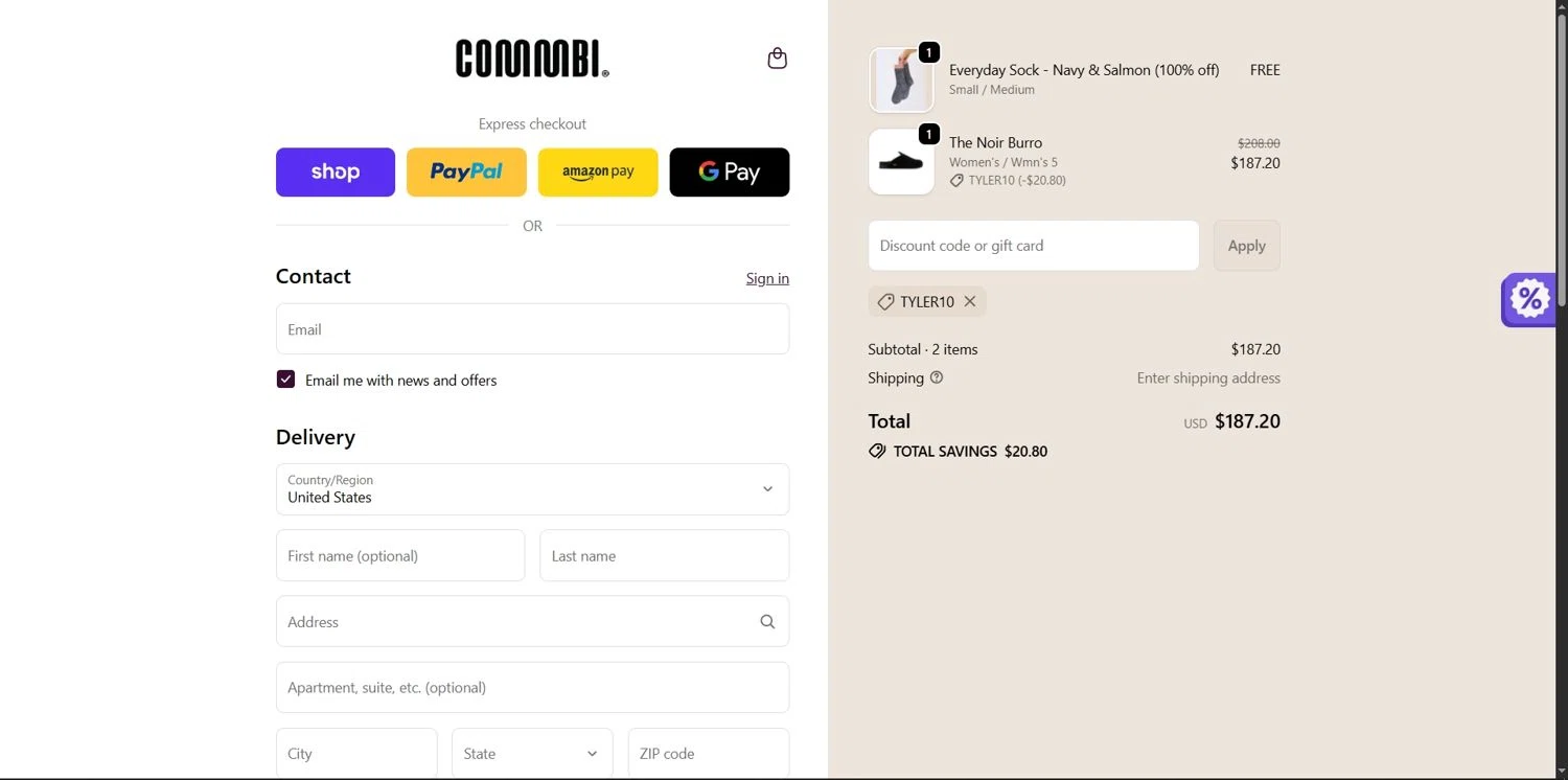 Commbi promo code screenshot showing code TYLER10 applied at Commbi checkout page. Uploaded by SimplyCodes community member Depressive on Dec 21, 2025