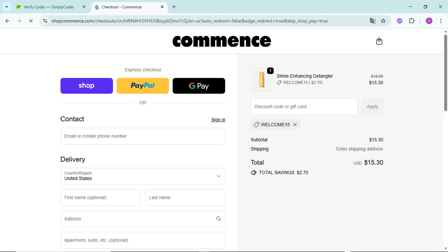 Commence Haircare promo code screenshot showing code WELCOME15 applied at Commence Haircare checkout page. Uploaded by SimplyCodes community member PennyBoss9589 on Oct 19, 2025