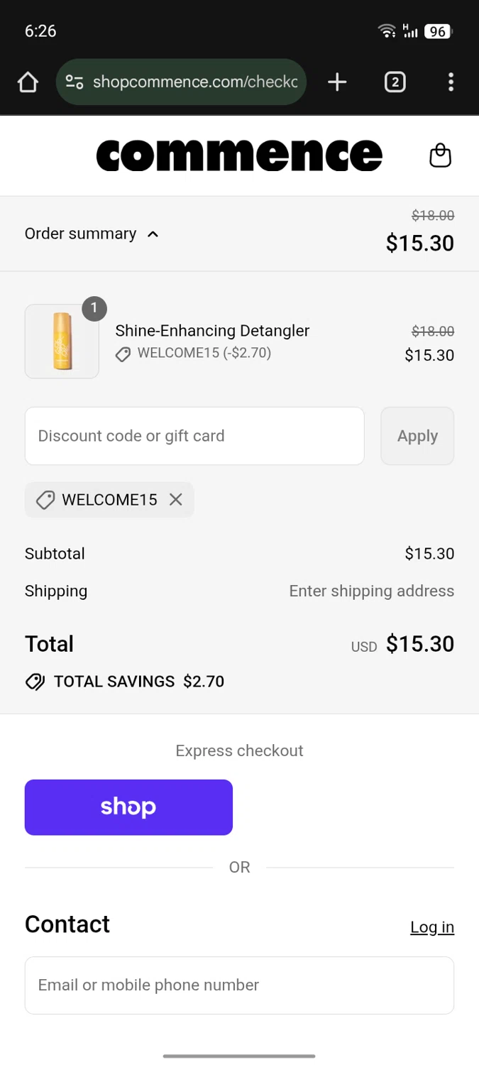 Commence Haircare promo code screenshot showing code WELCOME15 applied at Commence Haircare checkout page. Uploaded by SimplyCodes community member SilverMaestro727 on Sep 4, 2025