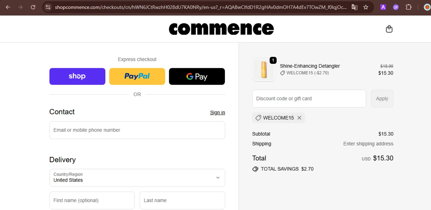 Commence Haircare promo code screenshot showing code WELCOME15 applied at Commence Haircare checkout page. Uploaded by SimplyCodes community member TreasureScout5082 on Dec 11, 2025