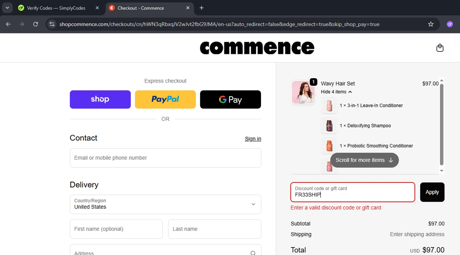 Commence Haircare promo code screenshot showing code FR33SHIP applied at Commence Haircare checkout page. Uploaded by SimplyCodes community member 61664350 on Oct 7, 2025