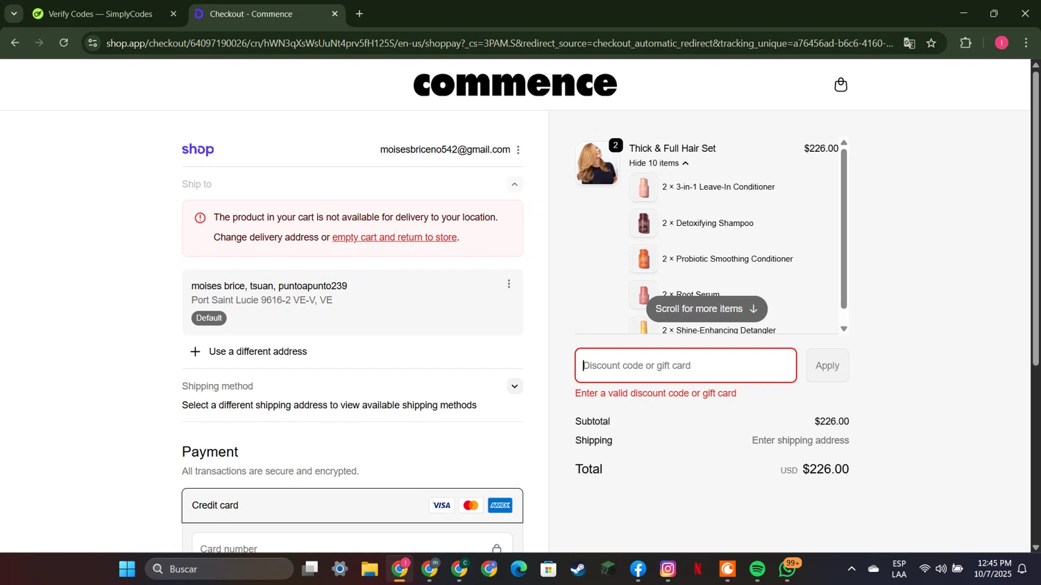 Commence Haircare promo code screenshot showing code FR33SHIP applied at Commence Haircare checkout page. Uploaded by SimplyCodes community member MightyGuardian8404 on Oct 7, 2025
