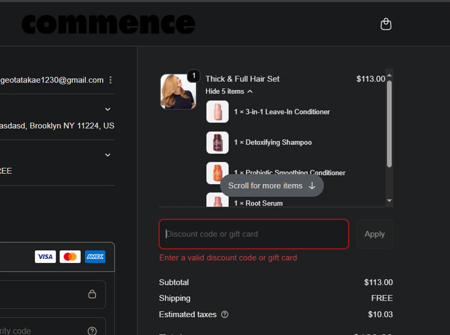 Commence Haircare promo code screenshot showing code FR33SHIP applied at Commence Haircare checkout page. Uploaded by SimplyCodes community member PedroNavaja on Oct 7, 2025