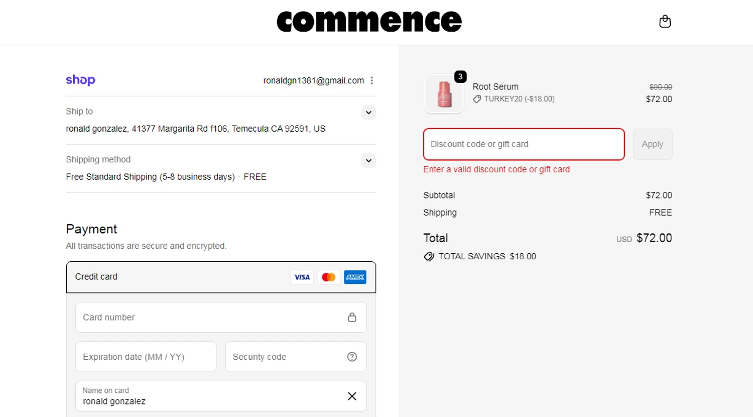 Commence Haircare promo code screenshot showing code VIP applied at Commence Haircare checkout page. Uploaded by SimplyCodes community member Gonzalez010203 on Nov 25, 2025