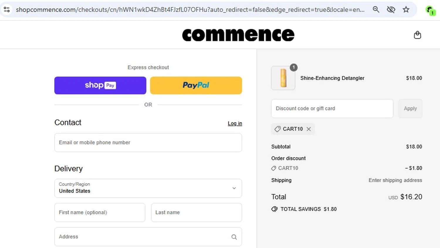 Commence Haircare promo code screenshot showing code CART10 applied at Commence Haircare checkout page. Uploaded by SimplyCodes community member frankrivero on Aug 18, 2025