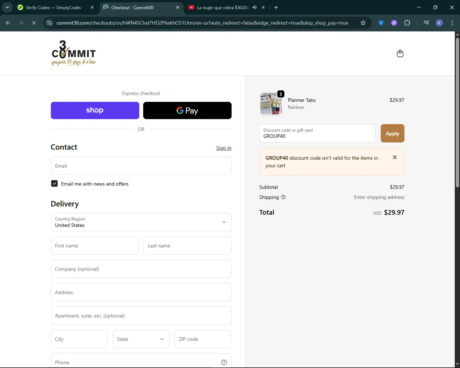 Commit 30 discount code screenshot showing code GROUP40 applied at Commit 30 checkout page. Uploaded by SimplyCodes community member KevLapage on Oct 23, 2025
