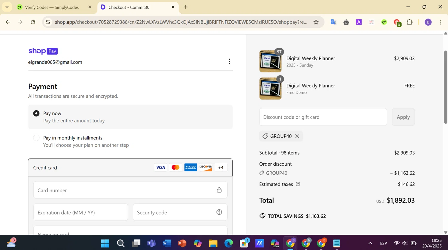 Commit 30 discount code screenshot showing code GROUP40 applied at Commit 30 checkout page. Uploaded by SimplyCodes community member BargainCurator1325 on Apr 20, 2025