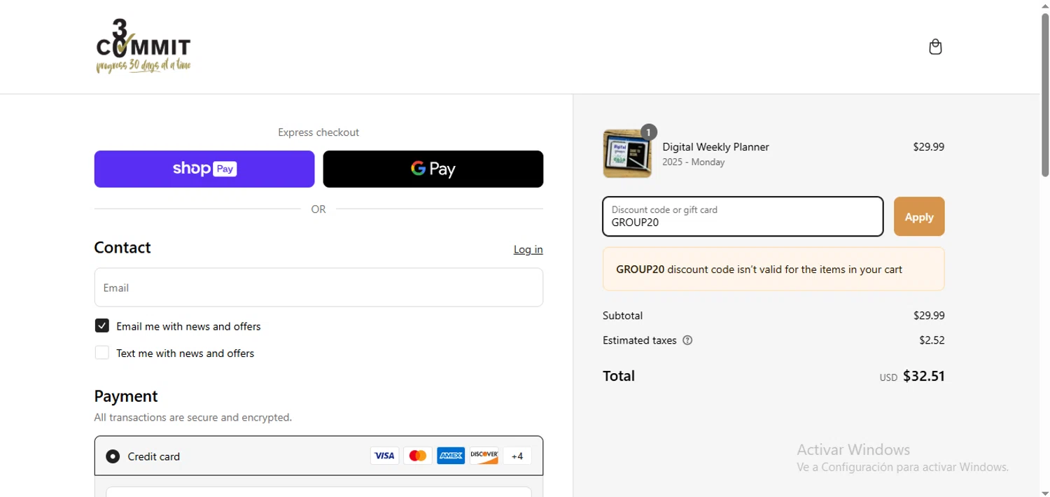 Commit 30 discount code screenshot showing code GROUP20 applied at Commit 30 checkout page. Uploaded by SimplyCodes community member LegendaryCurator4133 on Mar 8, 2025