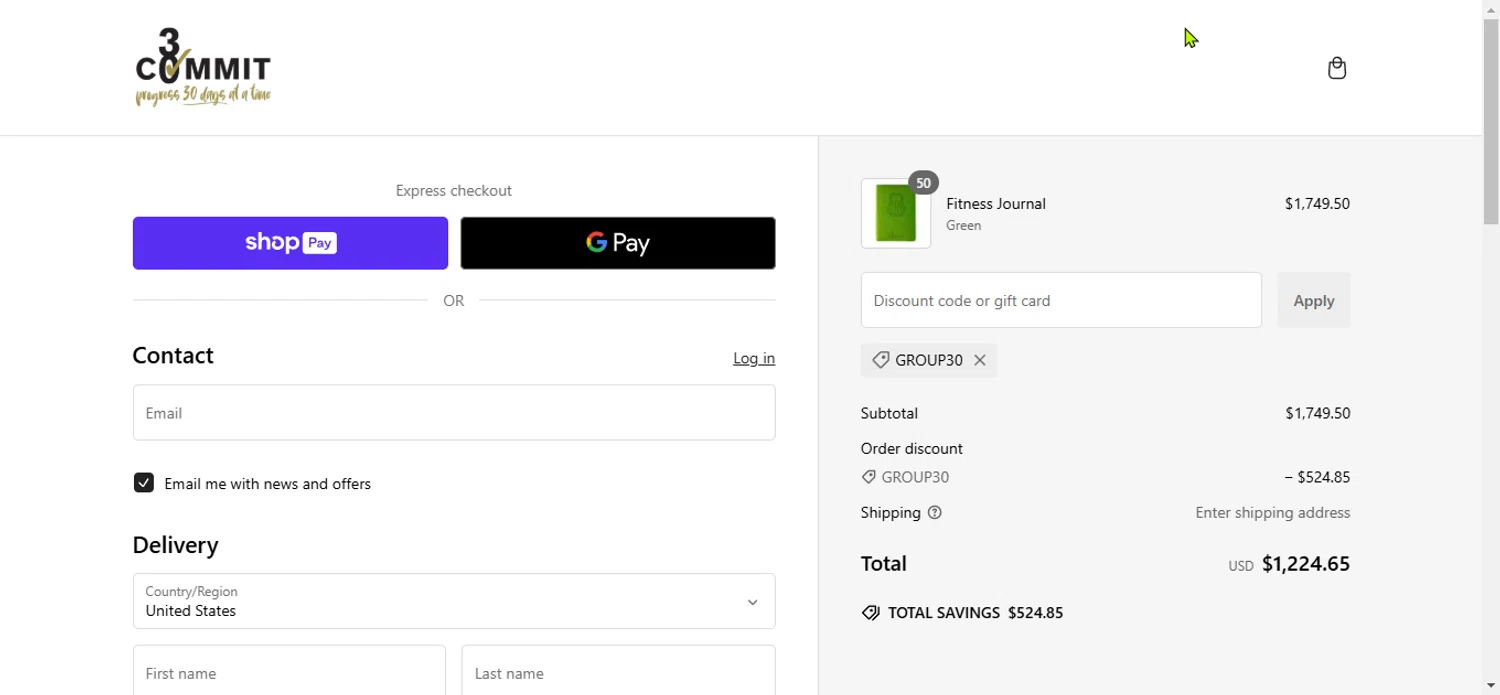 Commit 30 discount code screenshot showing code GROUP30 applied at Commit 30 checkout page. Uploaded by SimplyCodes community member Prospecto on Jan 2, 2025