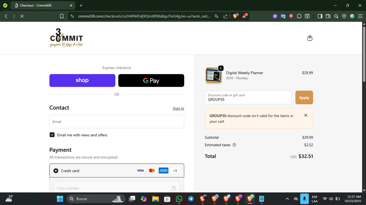 Commit 30 discount code screenshot showing code GROUP30 applied at Commit 30 checkout page. Uploaded by SimplyCodes community member SilverKnight3628 on Oct 23, 2025