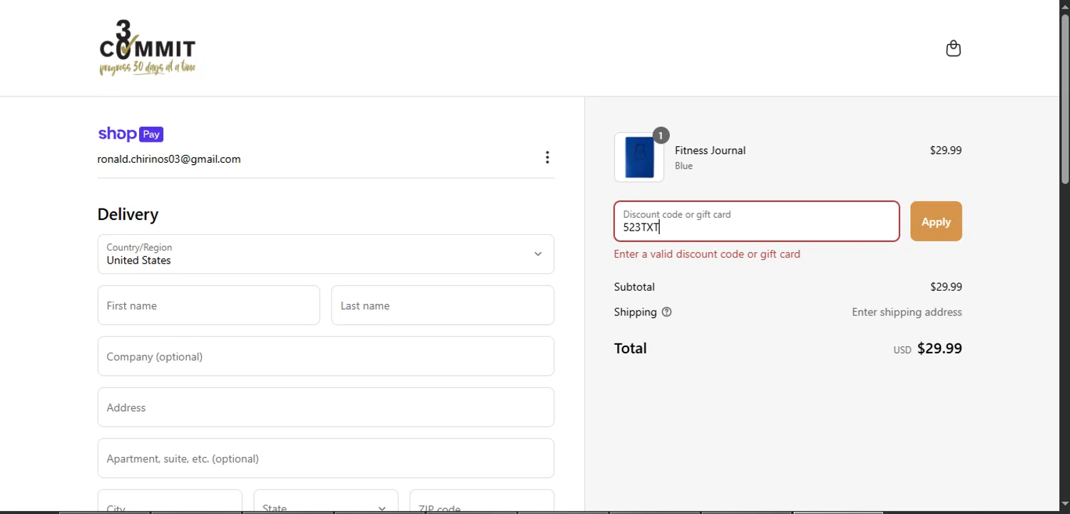 Commit 30 discount code screenshot showing code 523TXT applied at Commit 30 checkout page. Uploaded by SimplyCodes community member alpha007 on Apr 21, 2025