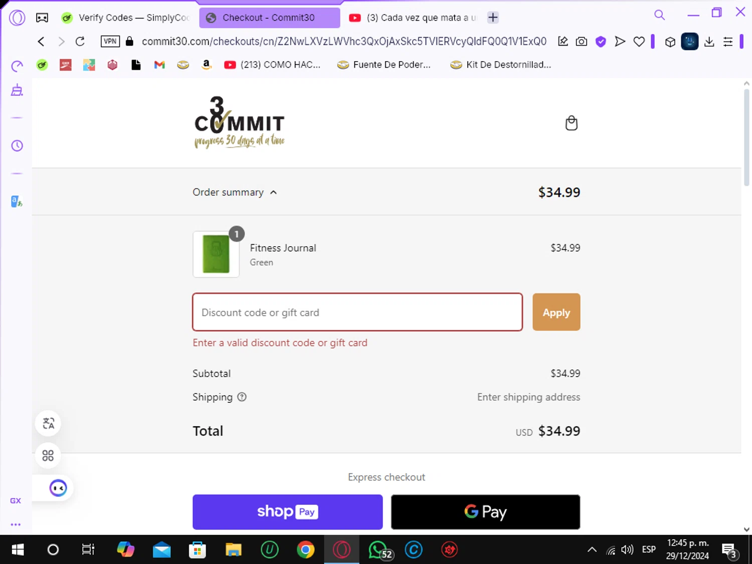 Commit 30 discount code screenshot showing code FREE30DAY applied at Commit 30 checkout page. Uploaded by SimplyCodes community member Crchirino1 on Dec 29, 2024