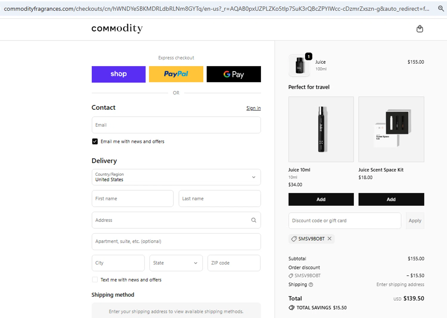 Commodity Fragrances promo code screenshot showing code SMSv9bObt applied at Commodity Fragrances checkout page. Uploaded by SimplyCodes community member EMILIANOMASABE on Jun 20, 2026