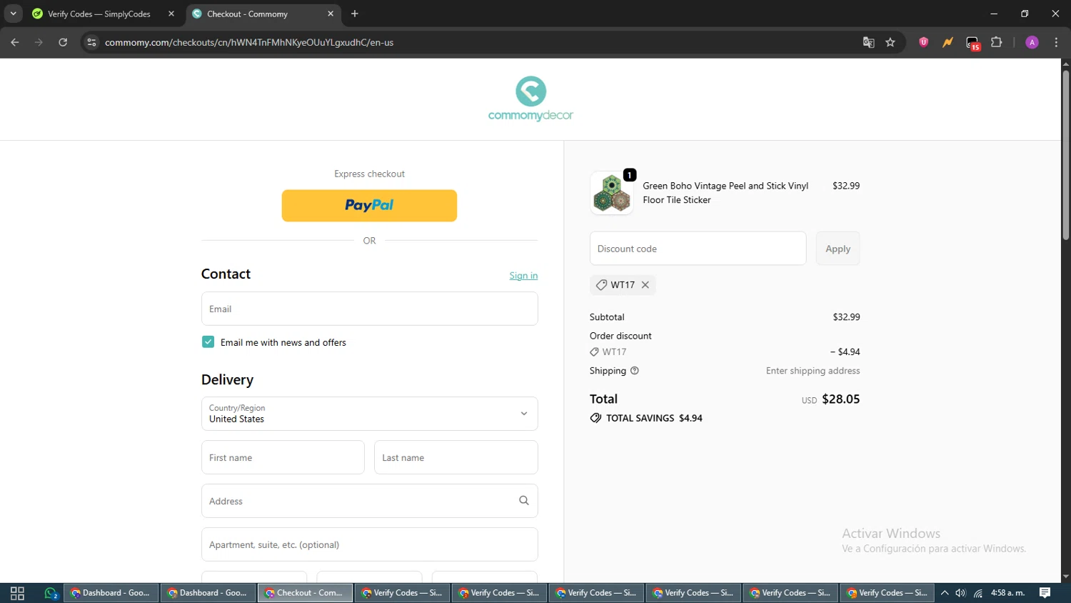 Commomy Decor discount code screenshot showing code WT17 applied at Commomy Decor checkout page. Uploaded by SimplyCodes community member CouponScout5403 on Oct 24, 2025