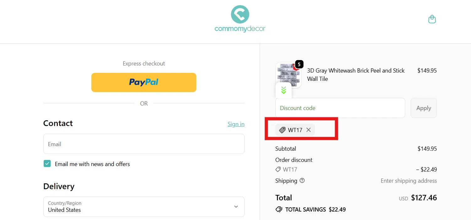 Commomy Decor discount code screenshot showing code WT17 applied at Commomy Decor checkout page. Uploaded by SimplyCodes community member CleverSentinel4477 on Oct 24, 2025