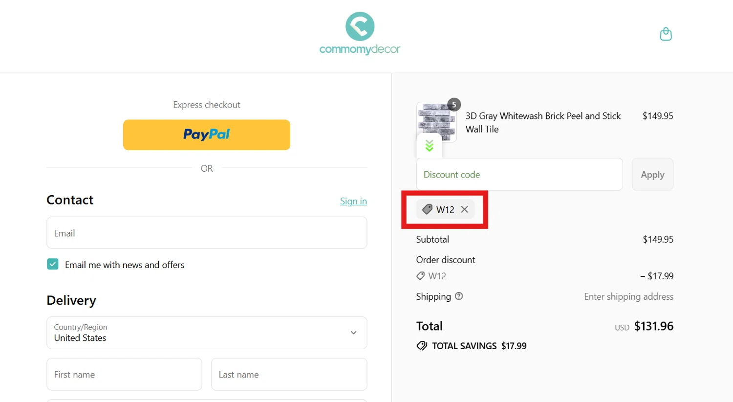 Commomy Decor discount code screenshot showing code W12 applied at Commomy Decor checkout page. Uploaded by SimplyCodes community member CleverSentinel4477 on Sep 9, 2025