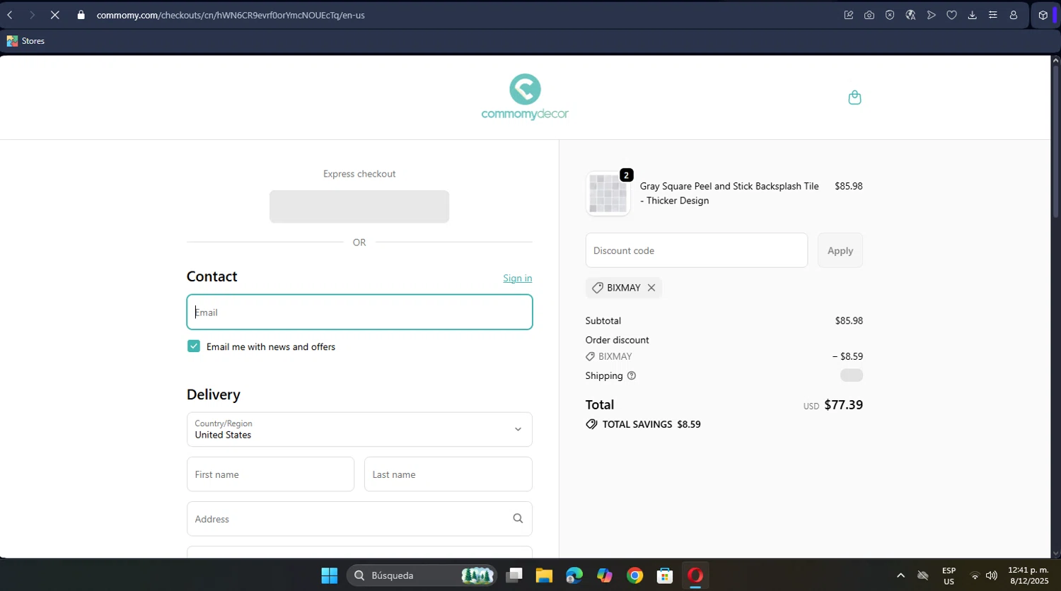 Commomy Decor discount code screenshot showing code BIXMAY applied at Commomy Decor checkout page. Uploaded by SimplyCodes community member belma123 on Dec 8, 2025