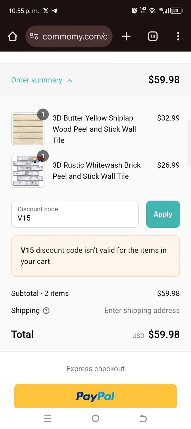Commomy Decor discount code screenshot showing code V15 applied at Commomy Decor checkout page. Uploaded by SimplyCodes community member kellymoreno on Aug 12, 2025