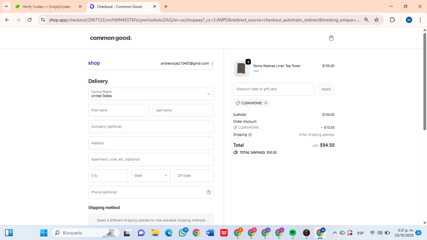 Common Good promo code screenshot showing code CLEANHOME applied at Common Good checkout page. Uploaded by SimplyCodes community member BrilliantLion8135 on Oct 23, 2025