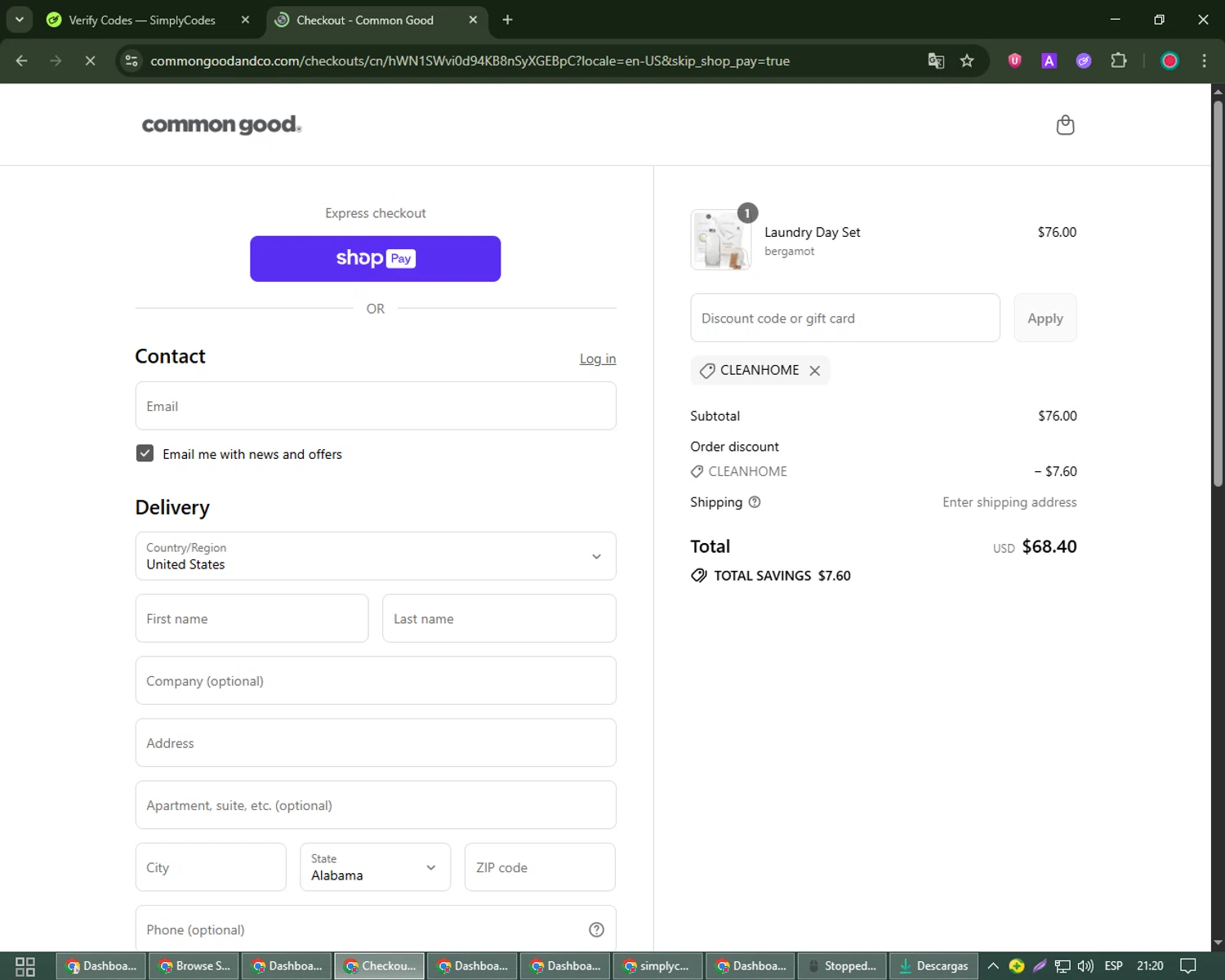 Common Good promo code screenshot showing code CLEANHOME applied at Common Good checkout page. Uploaded by SimplyCodes community member Robert_Williams on Aug 5, 2025