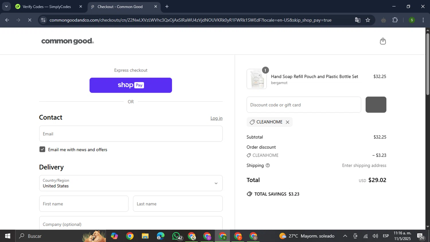 Common Good promo code screenshot showing code CLEANHOME applied at Common Good checkout page. Uploaded by SimplyCodes community member RewardMaverick445 on May 11, 2025