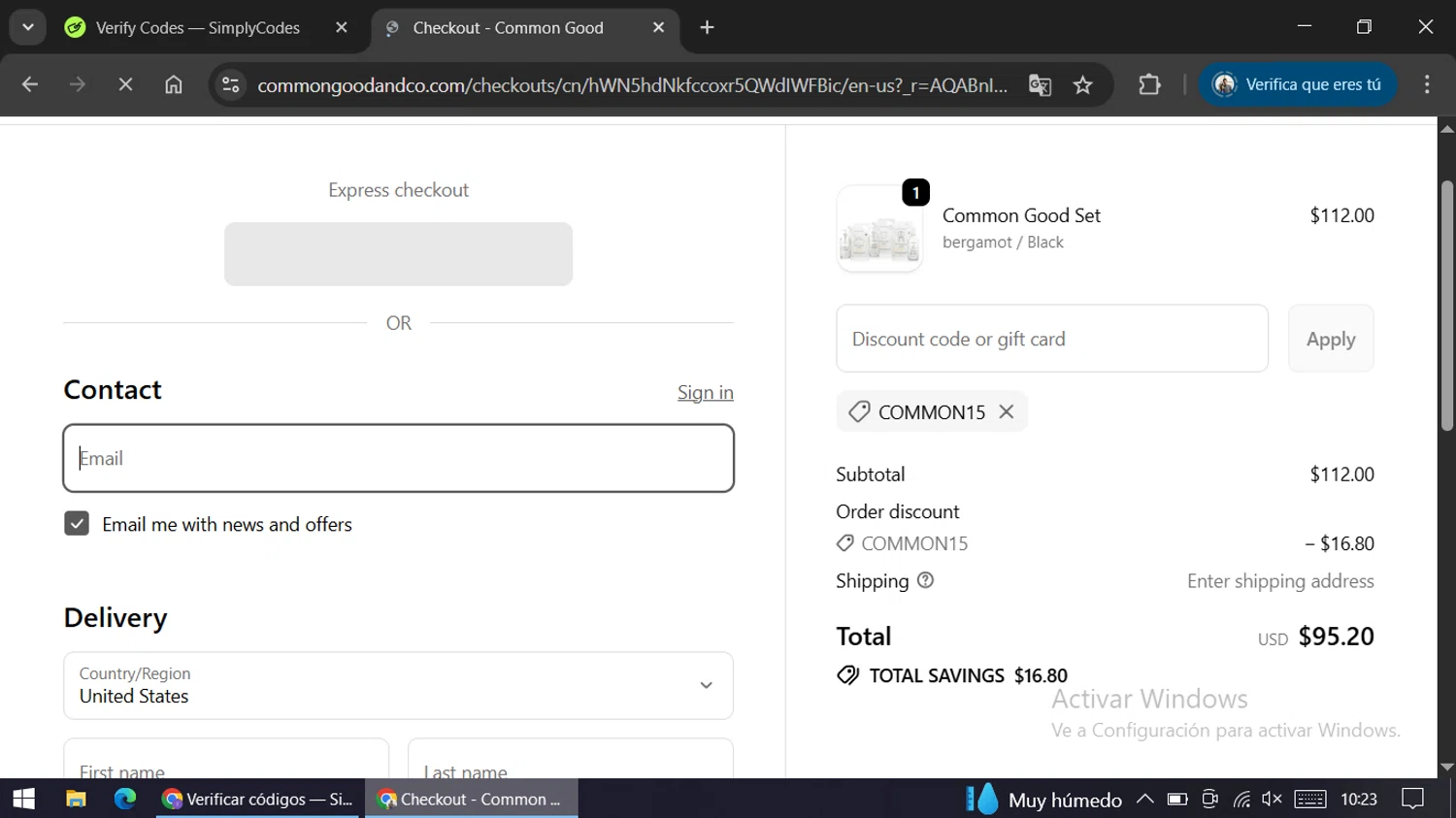 Common Good promo code screenshot showing code COMMON15 applied at Common Good checkout page. Uploaded by SimplyCodes community member ariannycfh on Nov 25, 2025