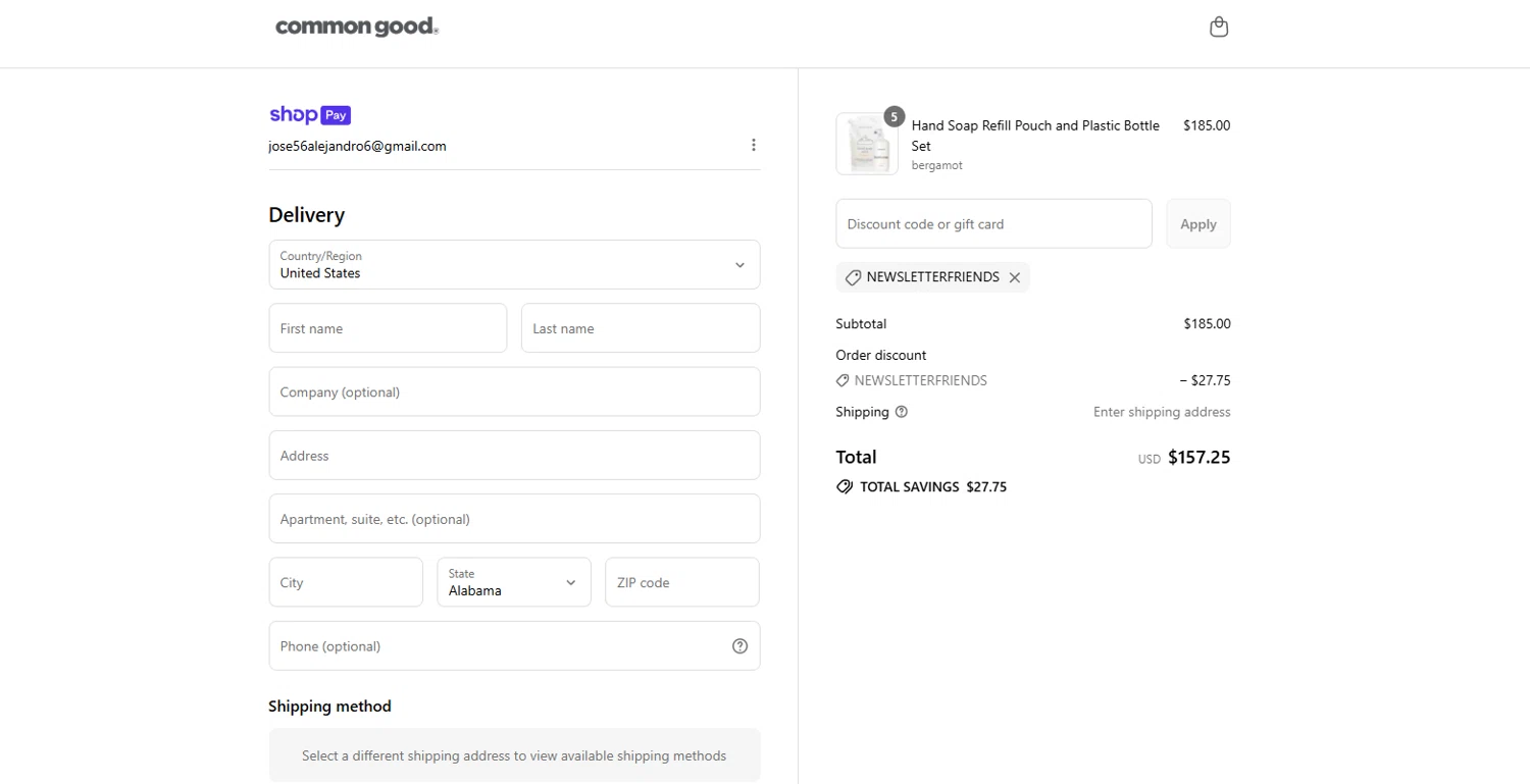 Common Good promo code screenshot showing code NEWSLETTERFRIENDS applied at Common Good checkout page. Uploaded by SimplyCodes community member Kmacho on Jul 10, 2025