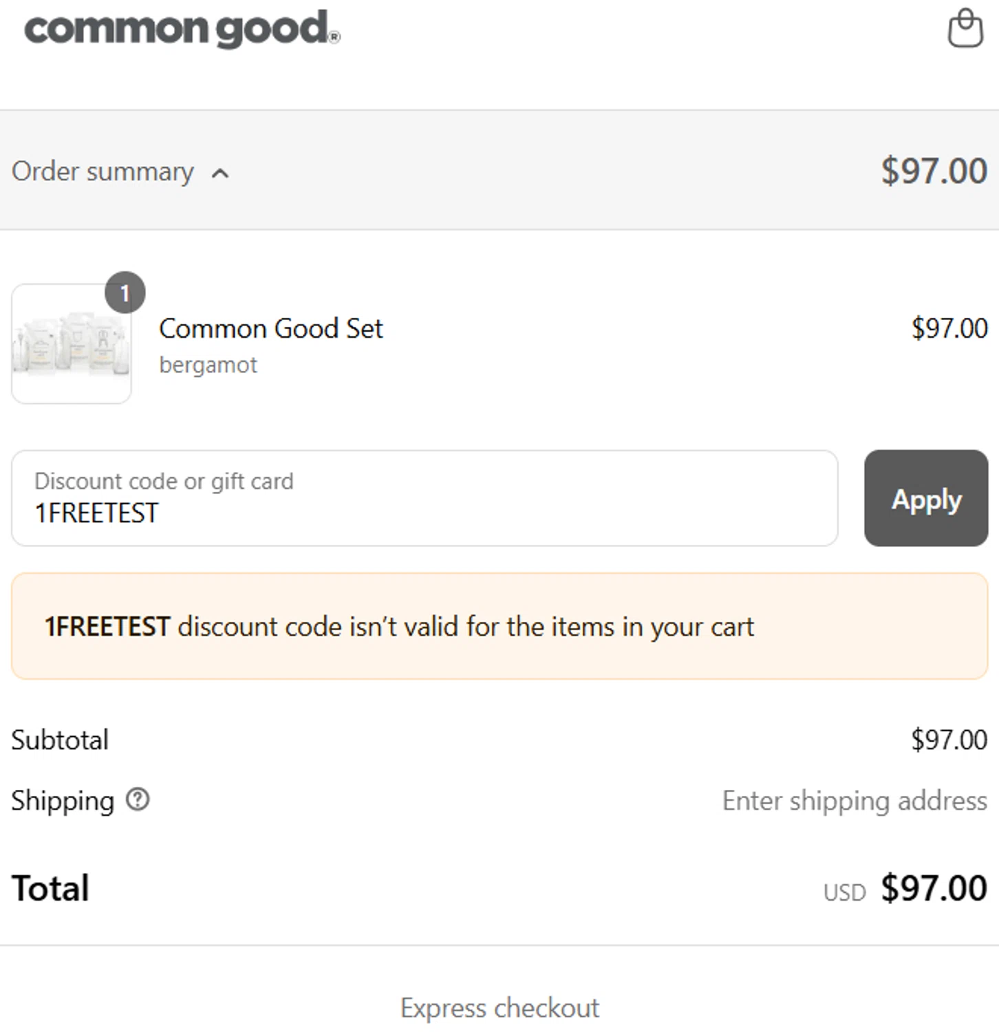Common Good promo code screenshot showing code 1FREETEST applied at Common Good checkout page. Uploaded by SimplyCodes community member LegendaryHero6995 on Mar 24, 2025