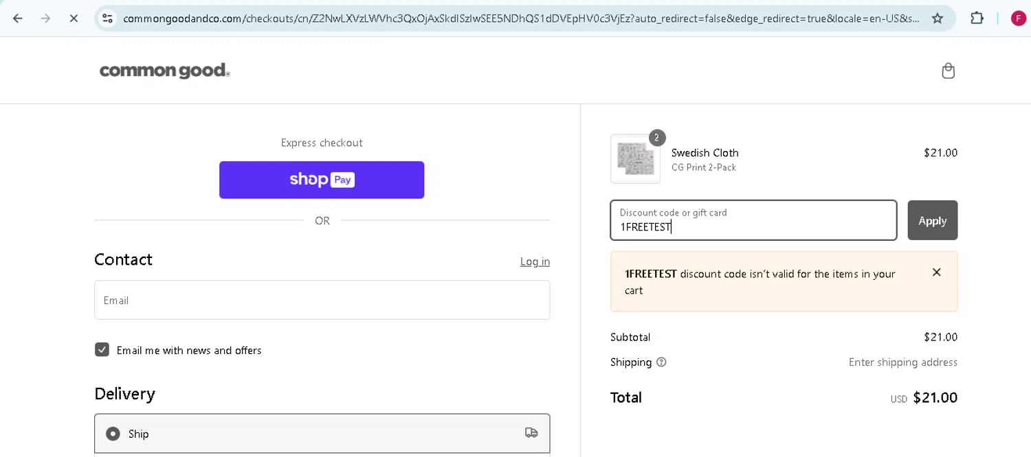 Common Good promo code screenshot showing code 1FREETEST applied at Common Good checkout page. Uploaded by SimplyCodes community member TokenMonarch796 on Jan 1, 2025