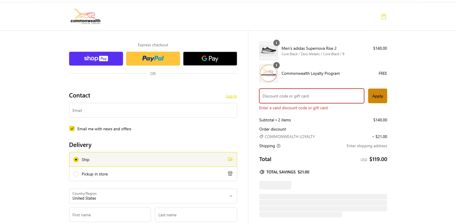 Commonwealth Running Co. promo code screenshot showing code LOVE applied at Commonwealth Running Co. checkout page. Uploaded by SimplyCodes community member dimitriv on Dec 28, 2024