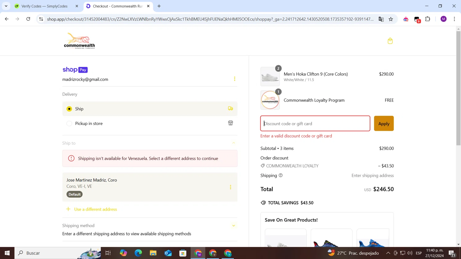 Commonwealth Running Co. promo code screenshot showing code LOVE applied at Commonwealth Running Co. checkout page. Uploaded by SimplyCodes community member cod_gakpo on Dec 28, 2024