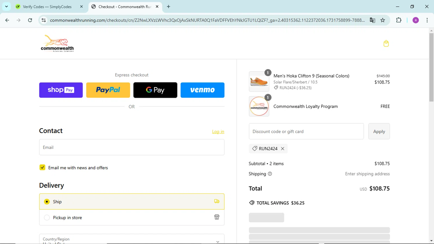 Commonwealth Running Co. checkout page showing Commonwealth Running Co. promo code box | Screenshot taken by SimplyCodes community member on Nov 16, 2024