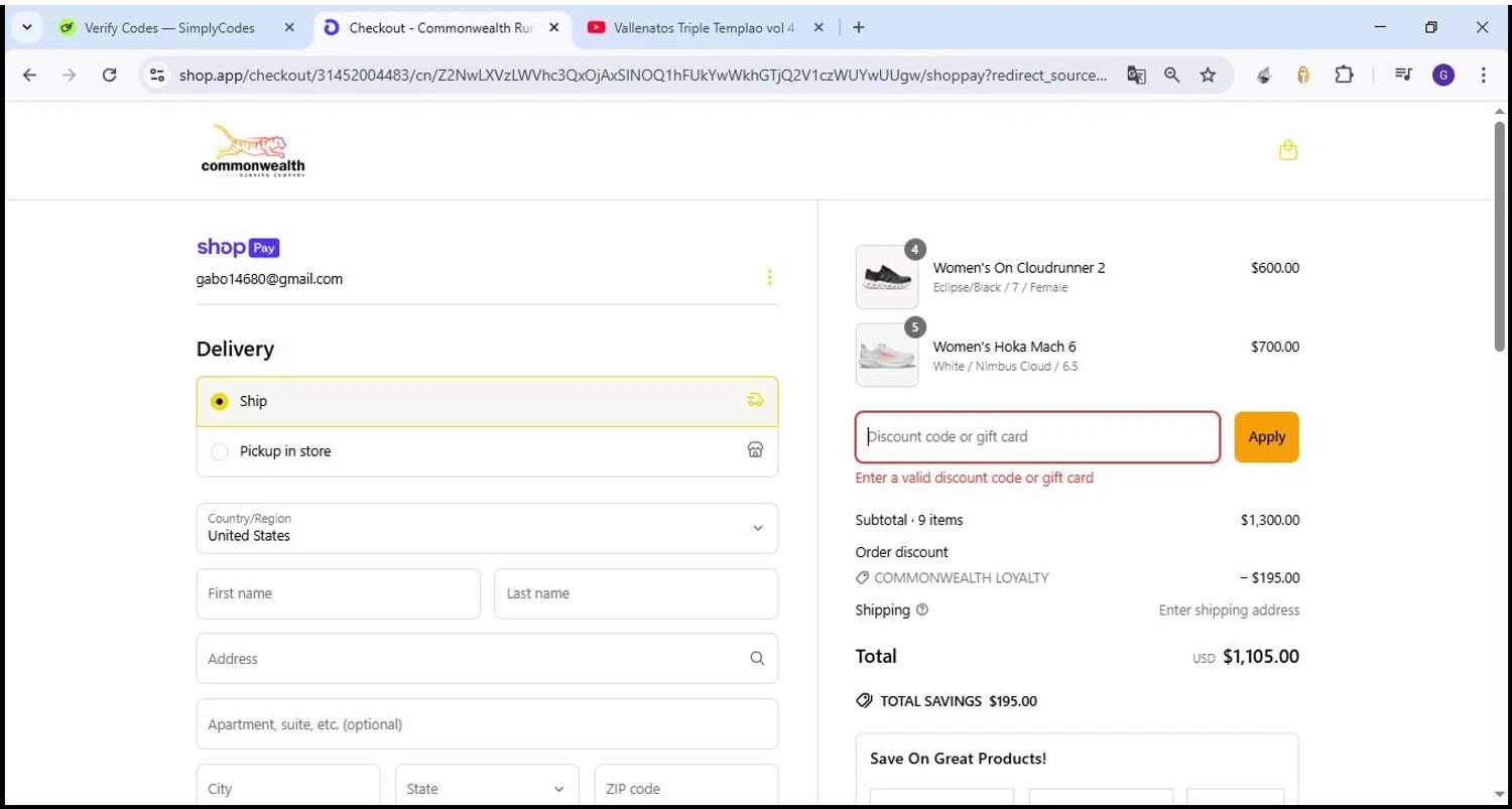 Commonwealth Running Co. promo code screenshot showing code MATTHEWSOLDANO applied at Commonwealth Running Co. checkout page. Uploaded by SimplyCodes community member Theking on Apr 25, 2025