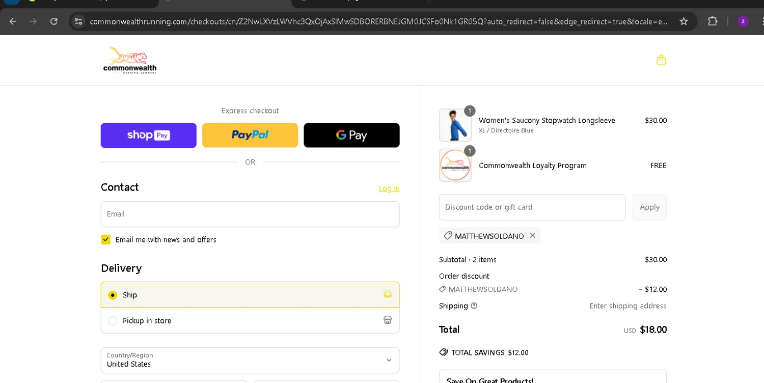 Commonwealth Running Co. checkout page showing Commonwealth Running Co. promo code box | Screenshot taken by SimplyCodes community member on Apr 17, 2025