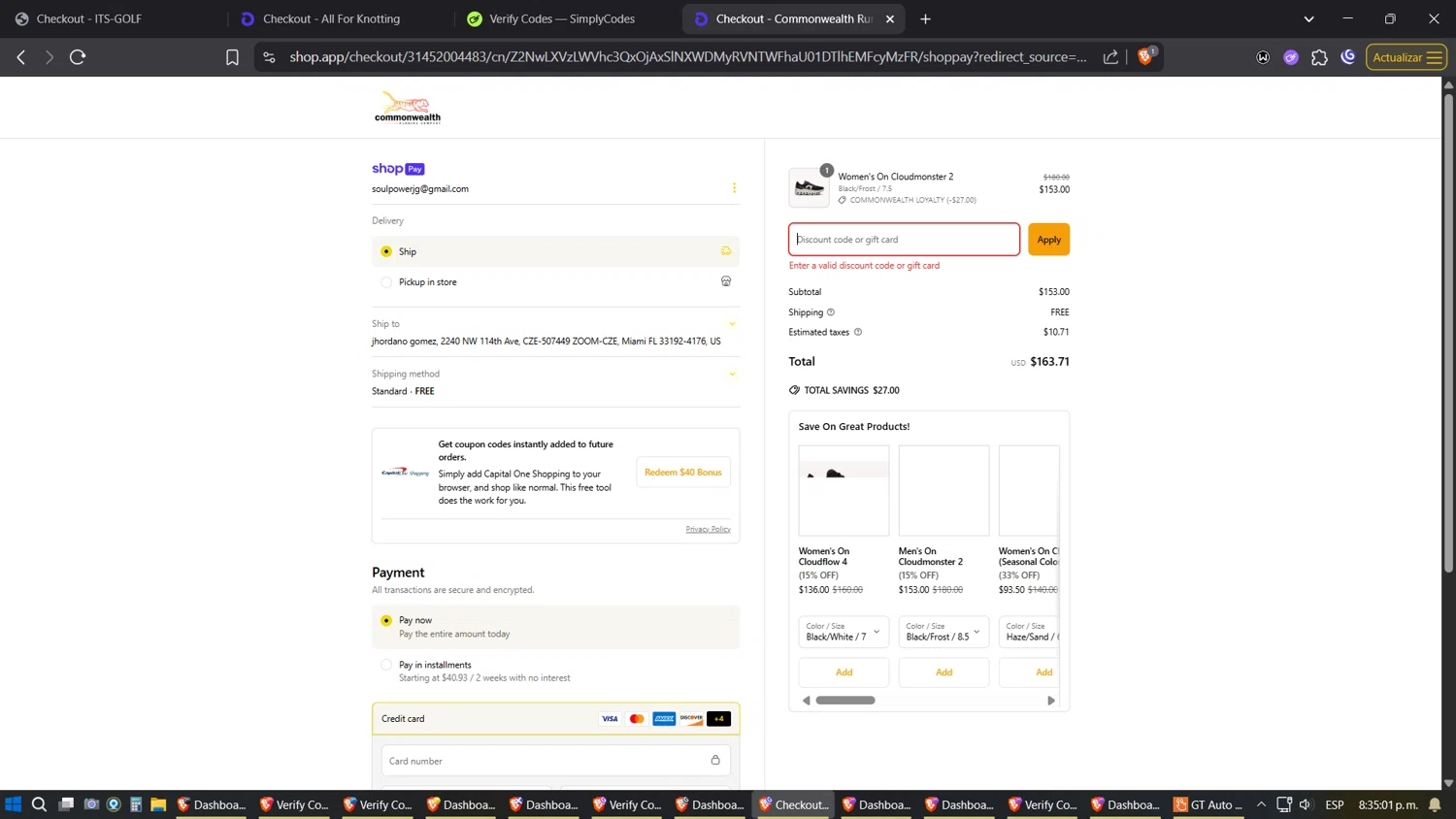 Commonwealth Running Co. promo code screenshot showing code COMMONWEALTH_LOYALTY applied at Commonwealth Running Co. checkout page. Uploaded by SimplyCodes community member Amidamaru on Apr 28, 2025