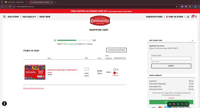 Community Coffee checkout page showing Community Coffee coupon code box | Screenshot taken by SimplyCodes community member on Jul 8, 2025