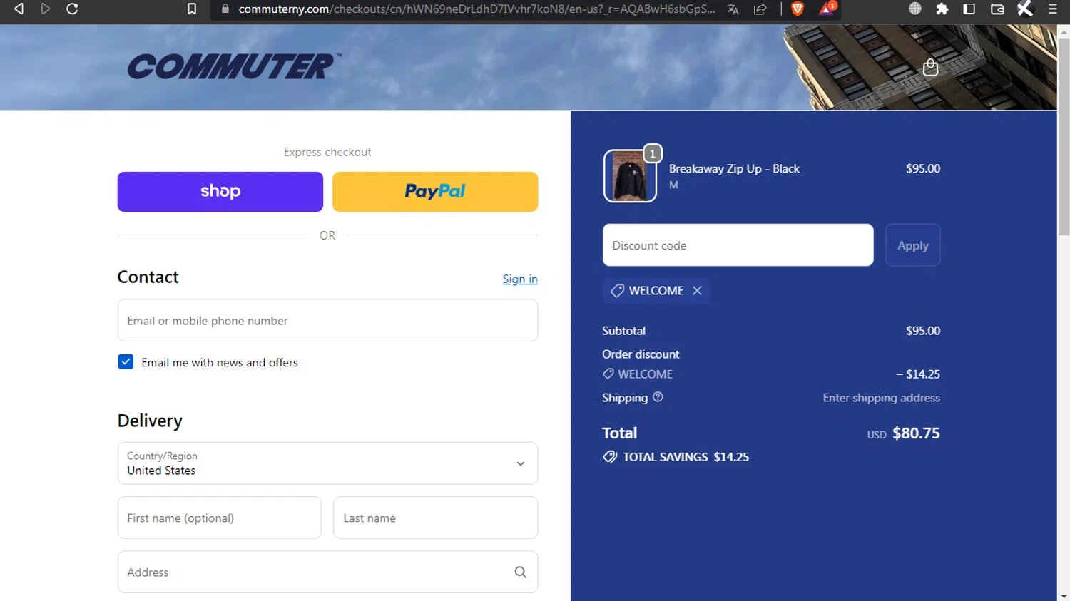 Commuter NY promo code screenshot showing code WELCOME applied at Commuter NY checkout page. Uploaded by SimplyCodes community member l2994552451687 on Dec 7, 2025